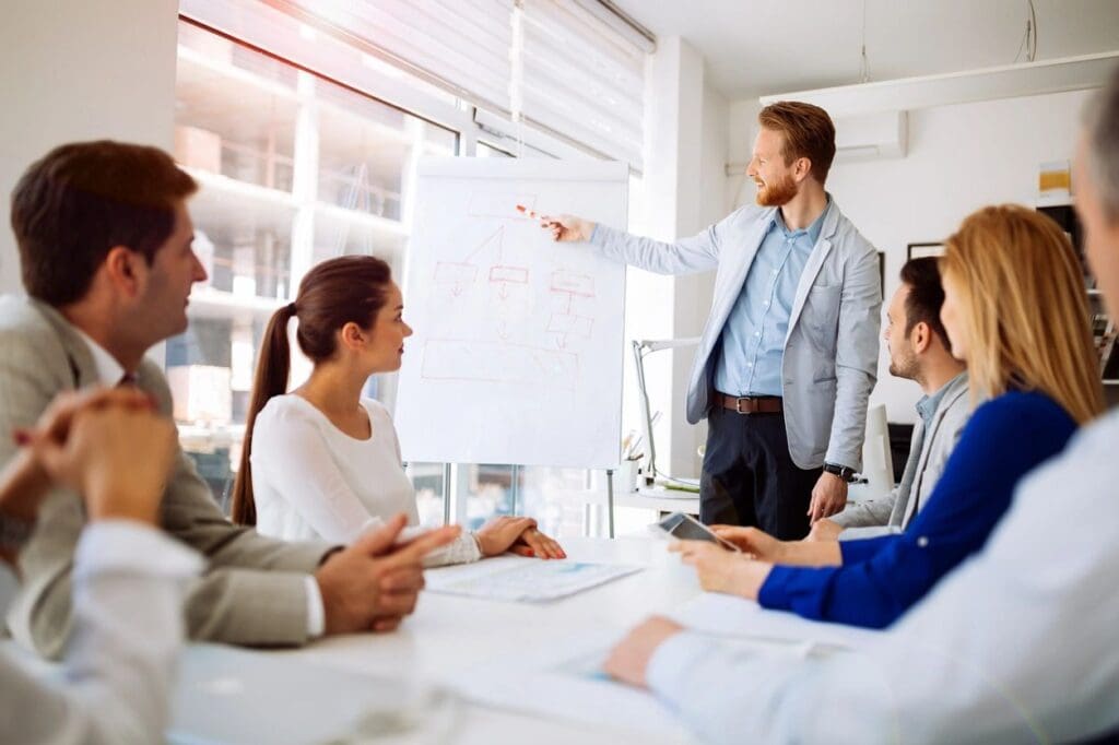 A boardroom with a presentation going on with a person explaining