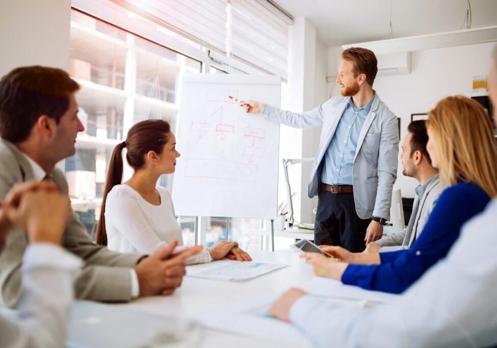 A boardroom with a presentation going on with a person explaining